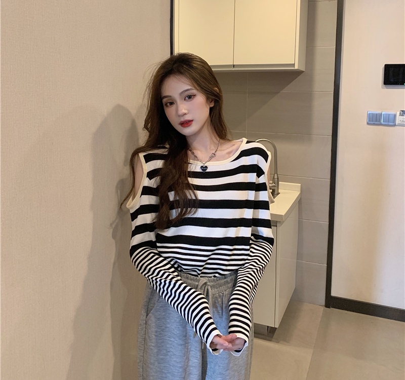 Autumn strapless long sleeve round neck stripe tops for women