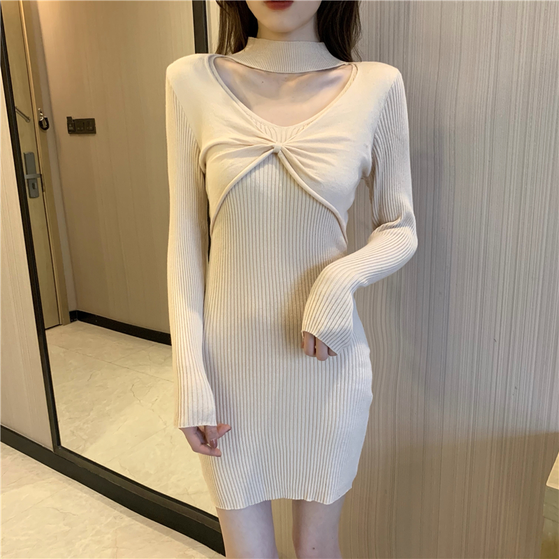 Slim all-match knitted halter temperament sexy dress