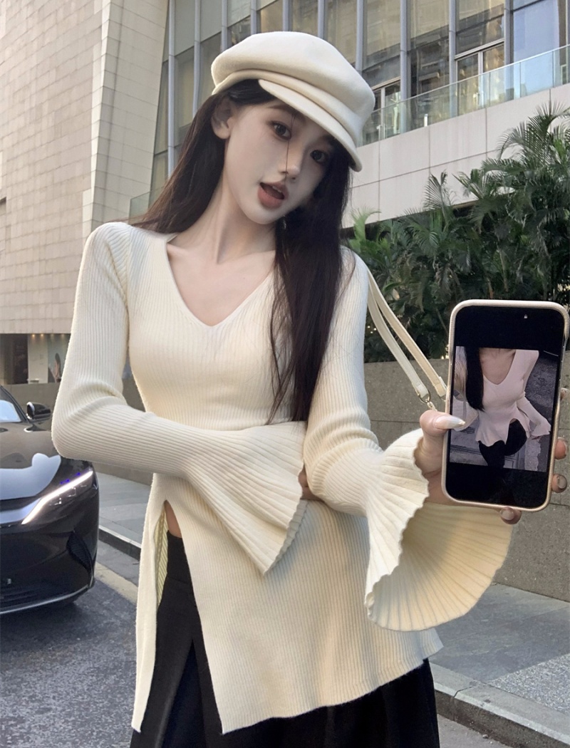 Pure autumn split slim irregular long sleeve sweater