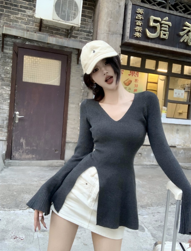 Pure autumn split slim irregular long sleeve sweater