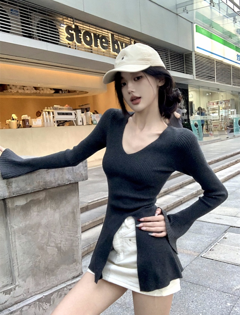 Pure autumn split slim irregular long sleeve sweater