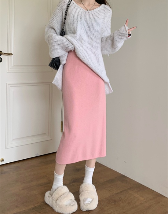 Long straight temperament short skirt slim knitted skirt