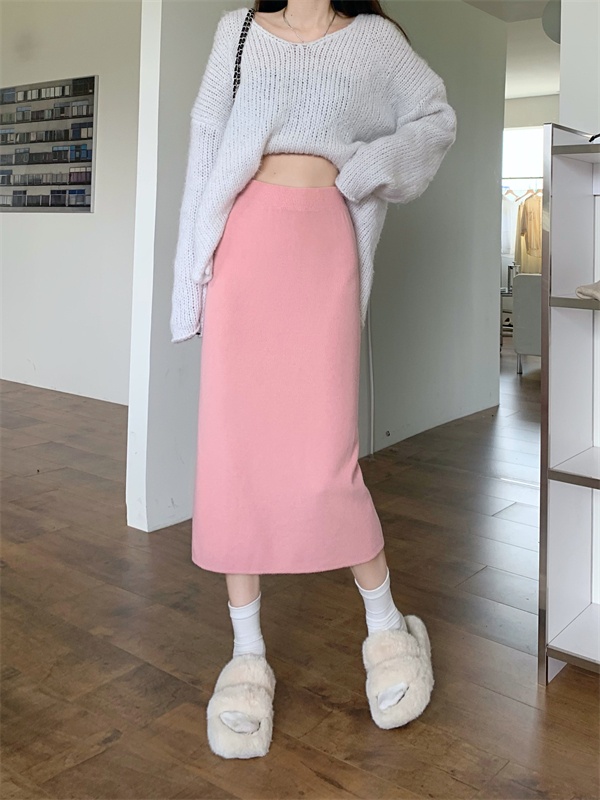 Long straight temperament short skirt slim knitted skirt