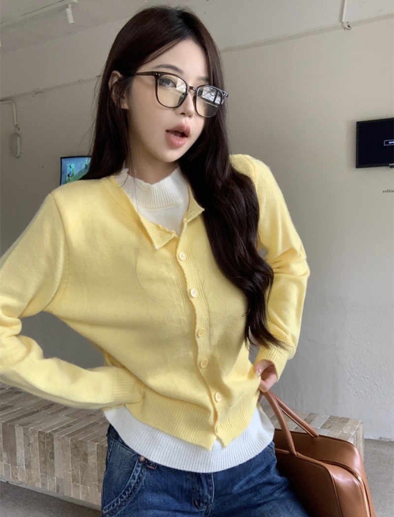 Korean style knitted sweater Pseudo-two yellow cardigan