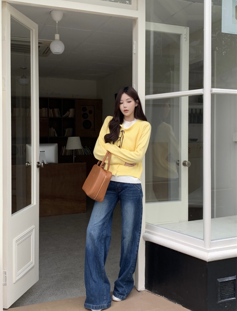 Korean style knitted sweater Pseudo-two yellow cardigan