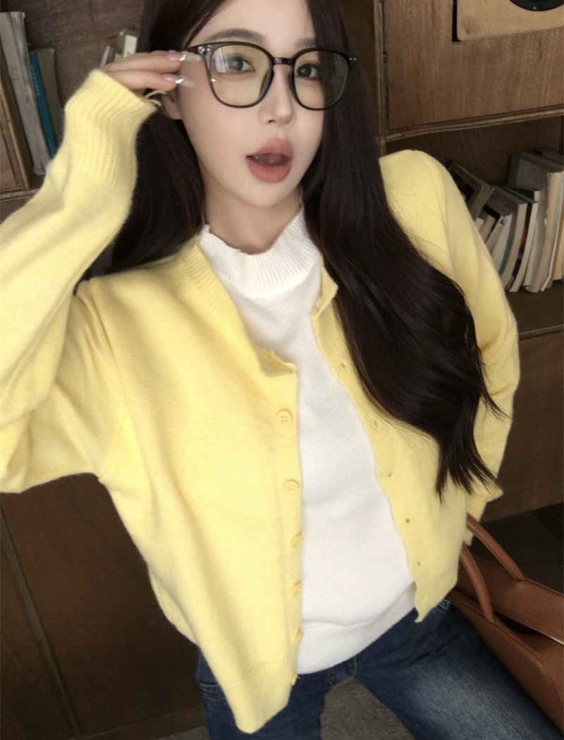 Korean style knitted sweater Pseudo-two yellow cardigan