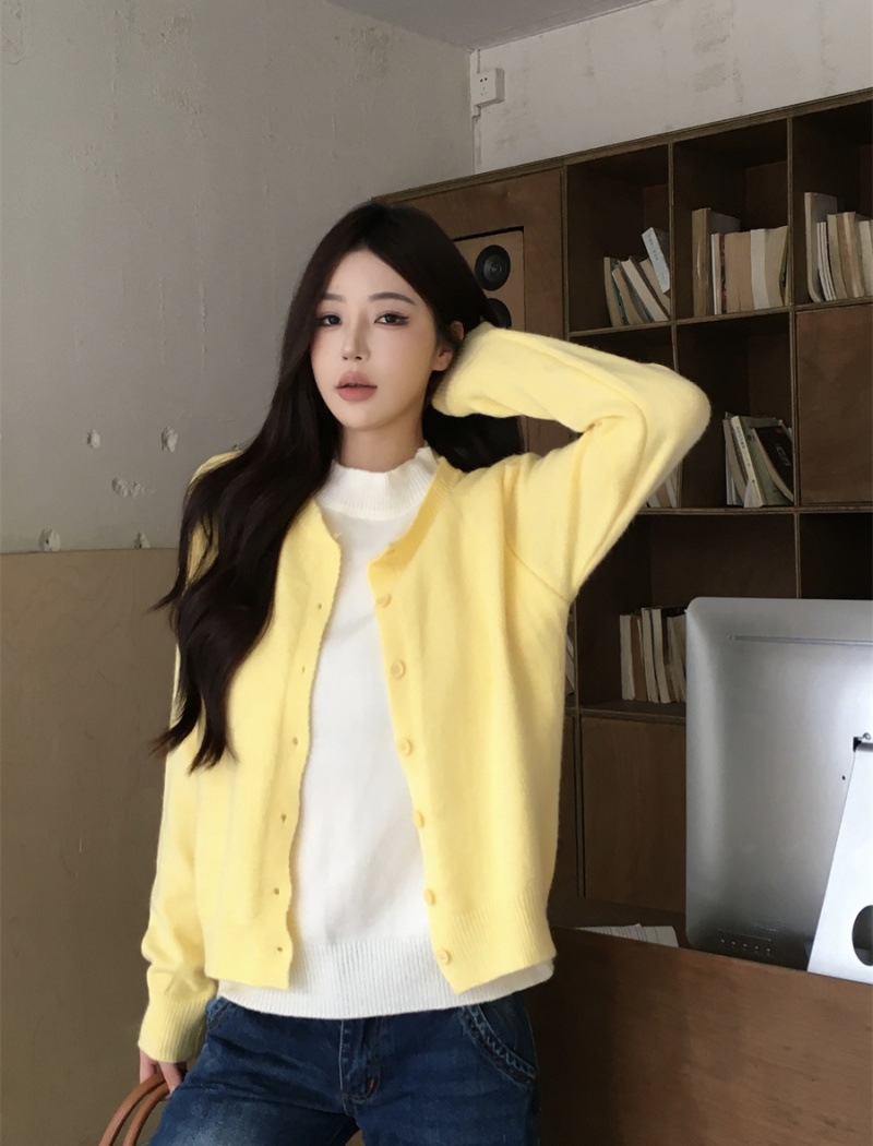 Korean style knitted sweater Pseudo-two yellow cardigan