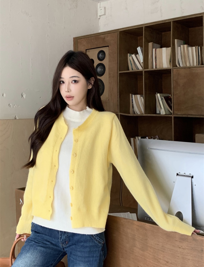 Korean style knitted sweater Pseudo-two yellow cardigan