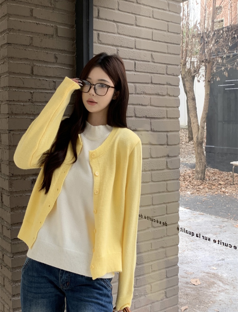 Korean style knitted sweater Pseudo-two yellow cardigan