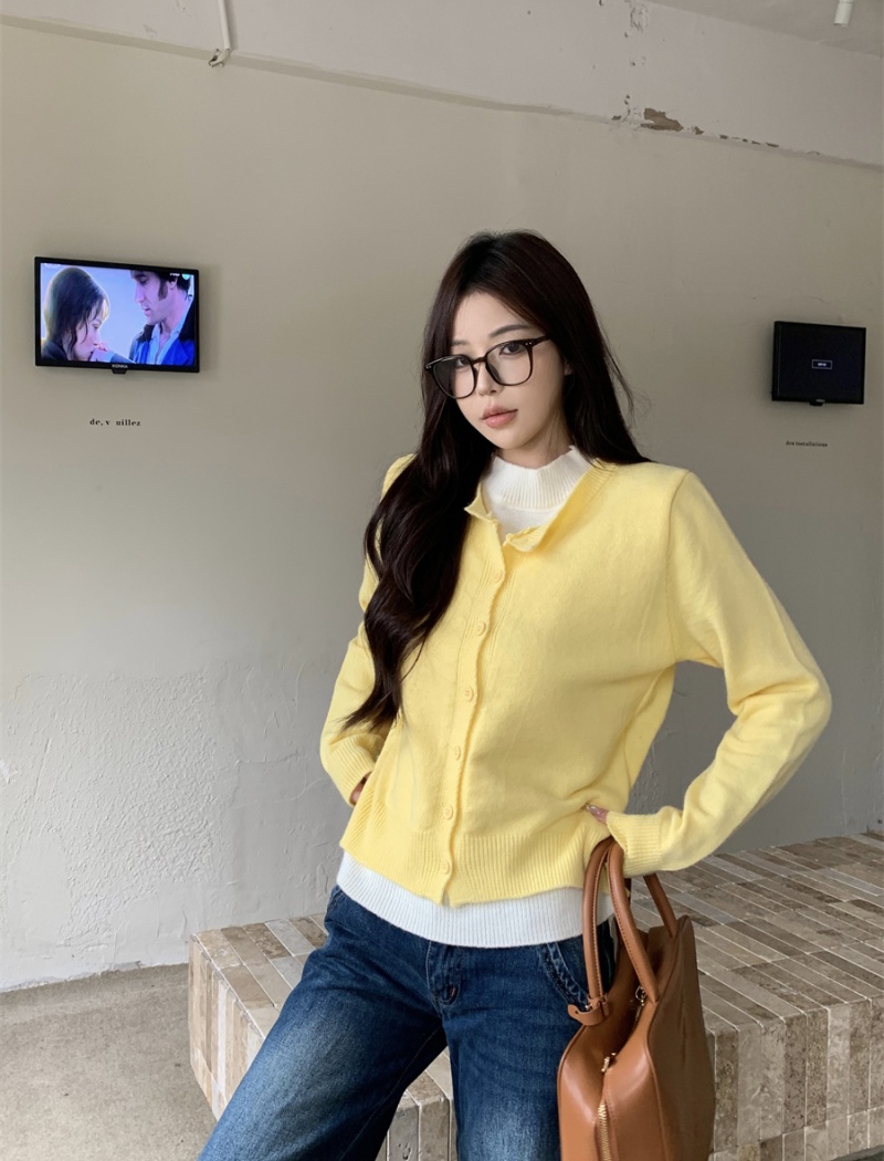 Korean style knitted sweater Pseudo-two yellow cardigan