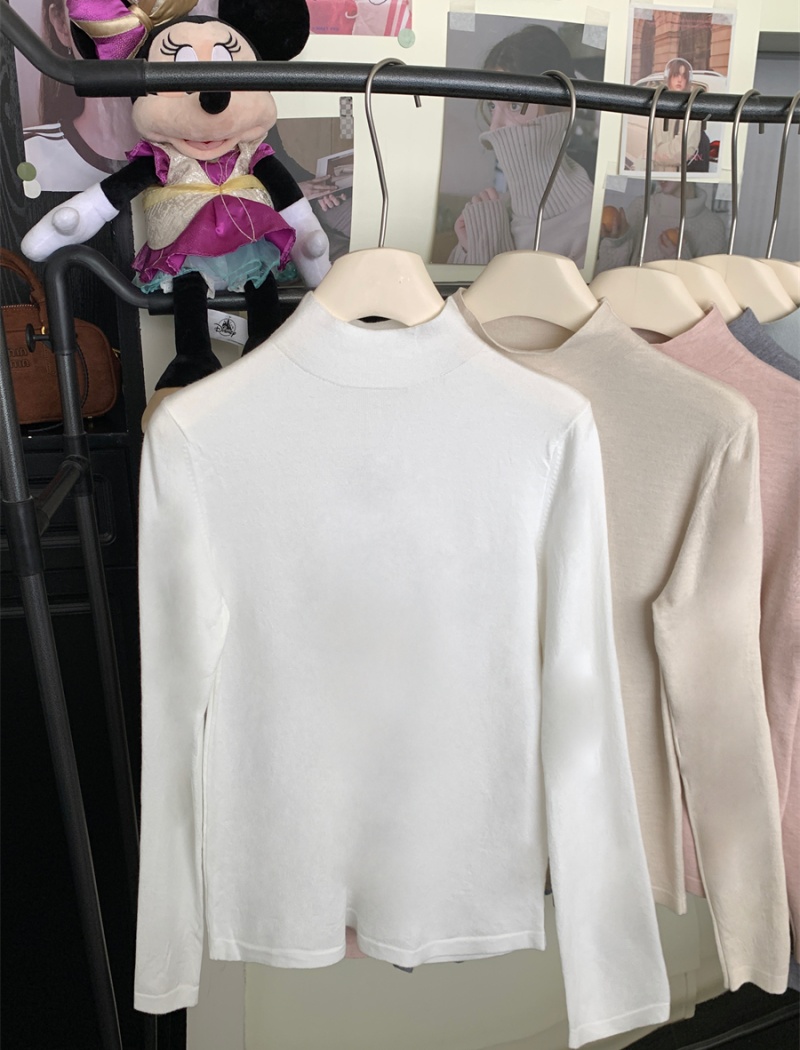 Stand collar elasticity bottoming shirt pink sweater for women