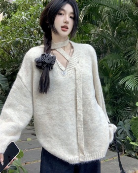 Lazy Korean style halter V-neck cross loose autumn sweater