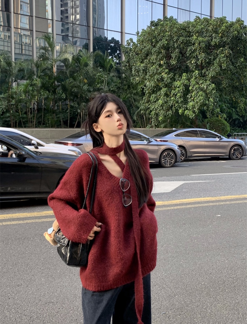 Lazy Korean style halter V-neck cross loose autumn sweater