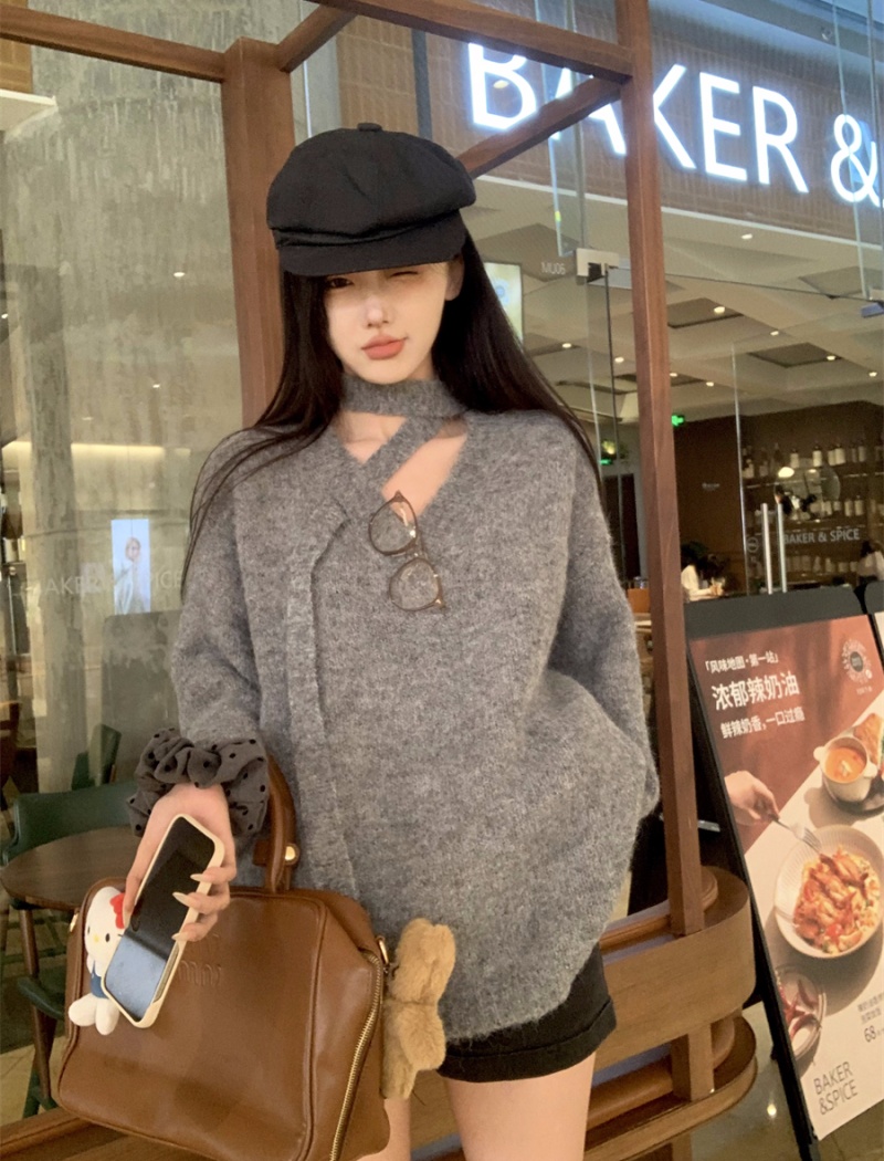 Lazy Korean style halter V-neck cross loose autumn sweater