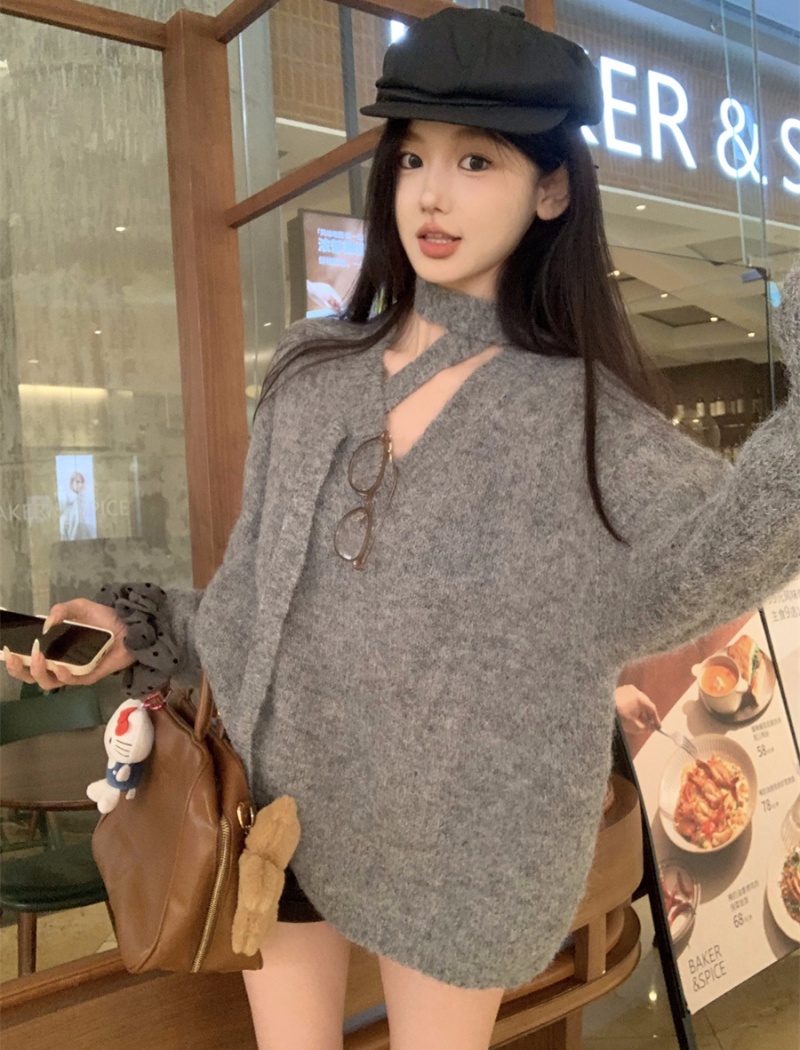 Lazy Korean style halter V-neck cross loose autumn sweater