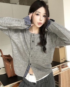 Autumn retro plaid sweater loose splice cardigan