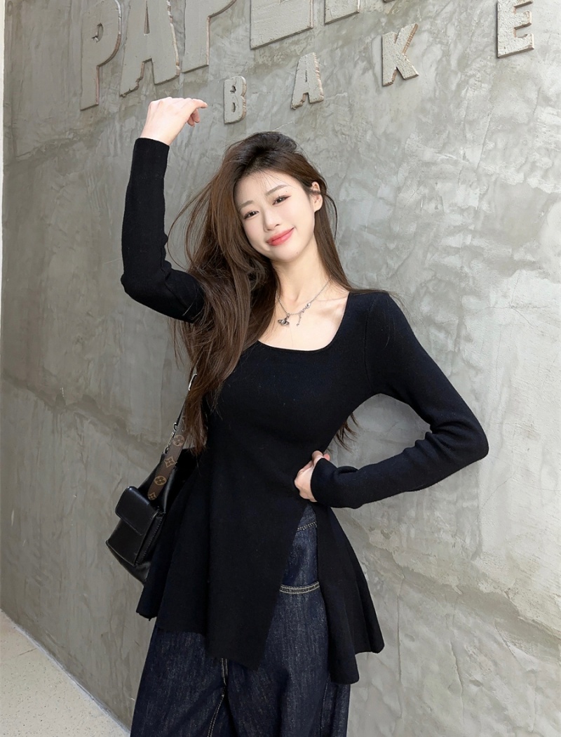 Irregular long sleeve split pure autumn sweater