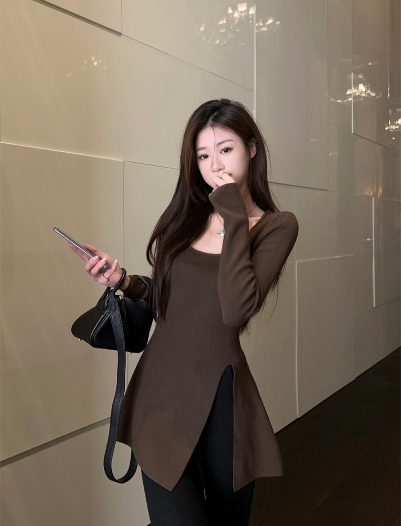 Irregular long sleeve split pure autumn sweater