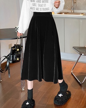 Temperament slim long A-line drape golden velvet skirt