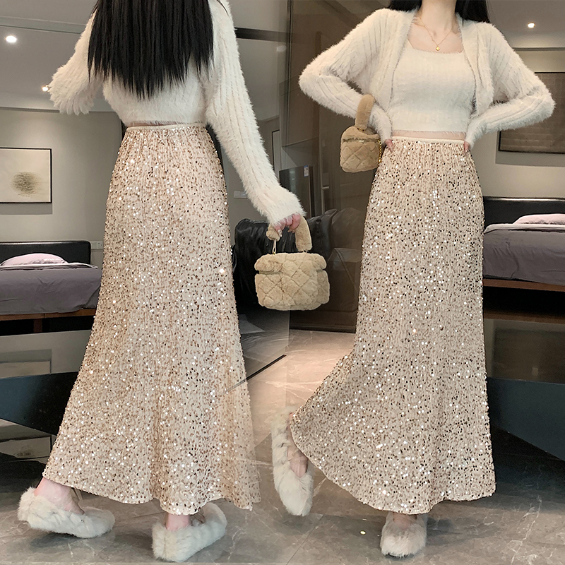 Elastic waist package hip skirt sequins long skirt