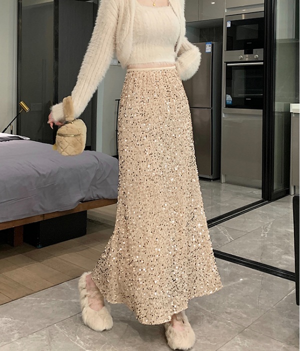 Elastic waist package hip skirt sequins long skirt