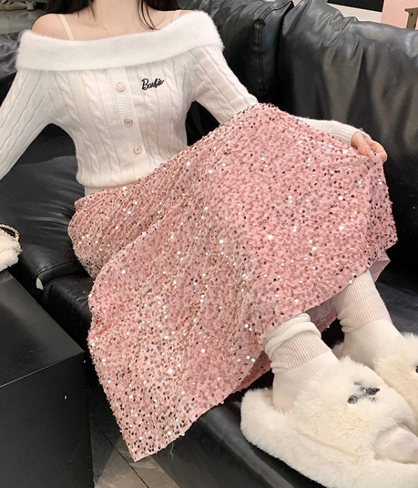 Elastic waist package hip skirt sequins long skirt