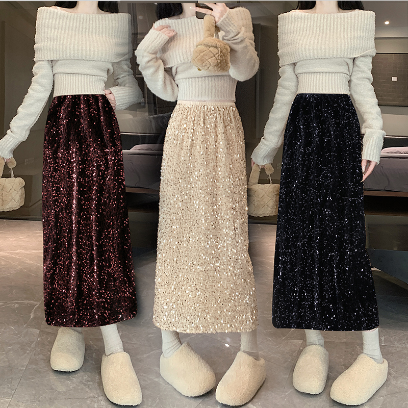 Pink elastic waist long skirt soft soles sequins skirt