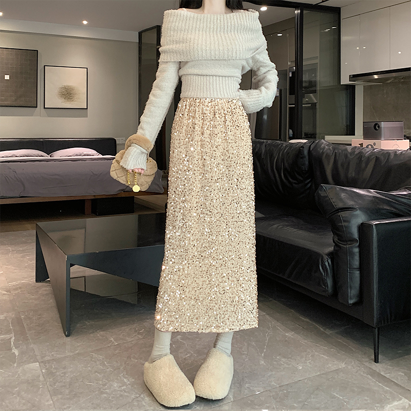 Pink elastic waist long skirt soft soles sequins skirt