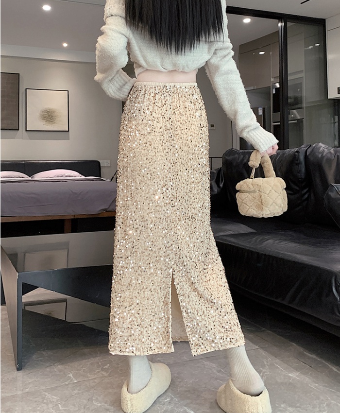 Pink elastic waist long skirt soft soles sequins skirt