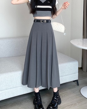 Pleated niche long gray summer high waist A-line skirt