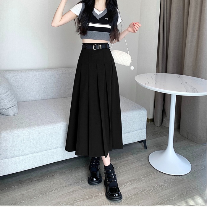 Pleated niche long gray summer high waist A-line skirt