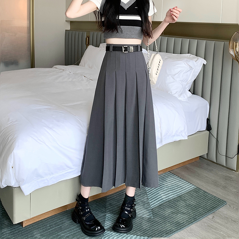 Pleated niche long gray summer high waist A-line skirt