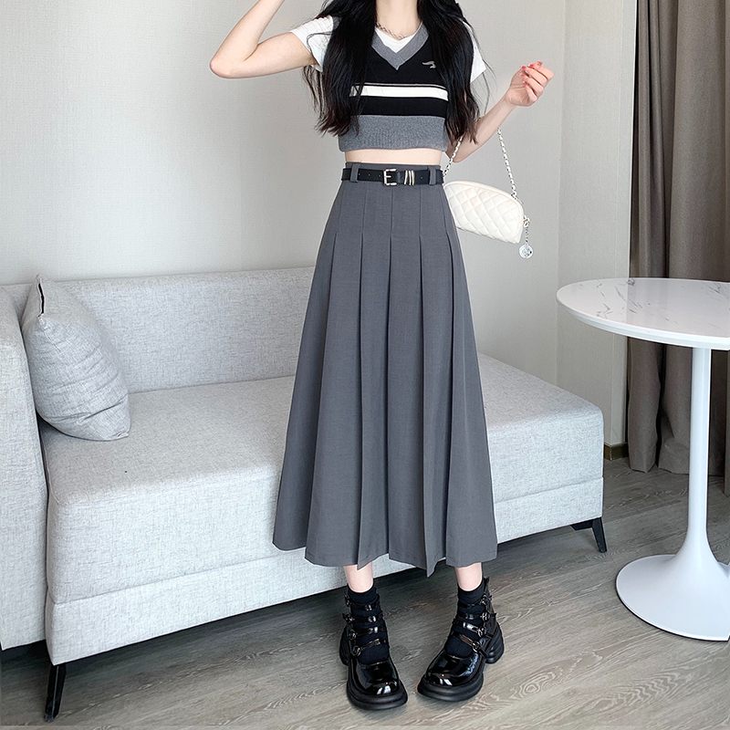 Pleated niche long gray summer high waist A-line skirt