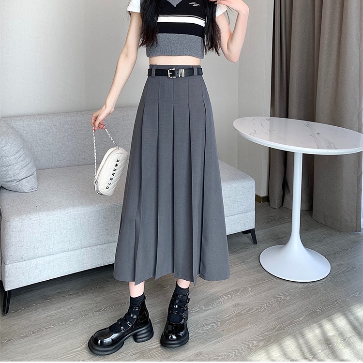 Pleated niche long gray summer high waist A-line skirt