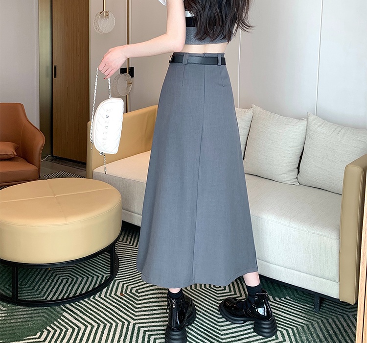 Pleated niche long gray summer high waist A-line skirt