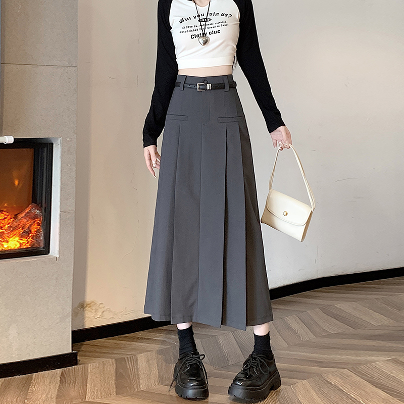 Pleated gray skirt high waist autumn and winter long dress