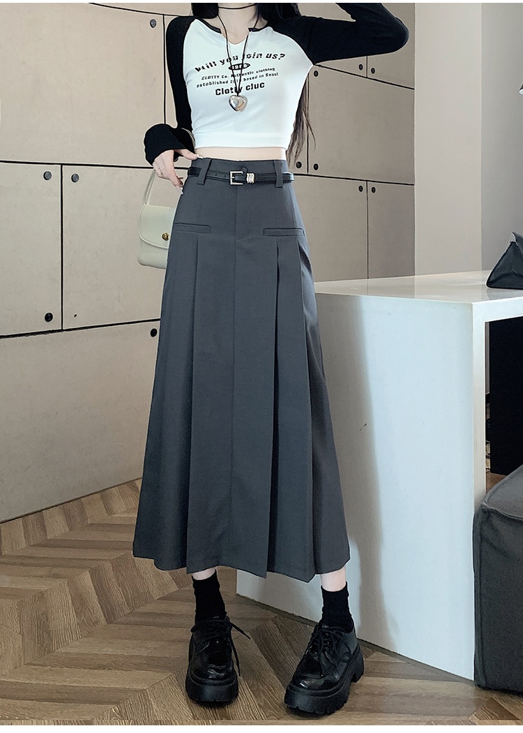 Pleated gray skirt high waist autumn and winter long dress