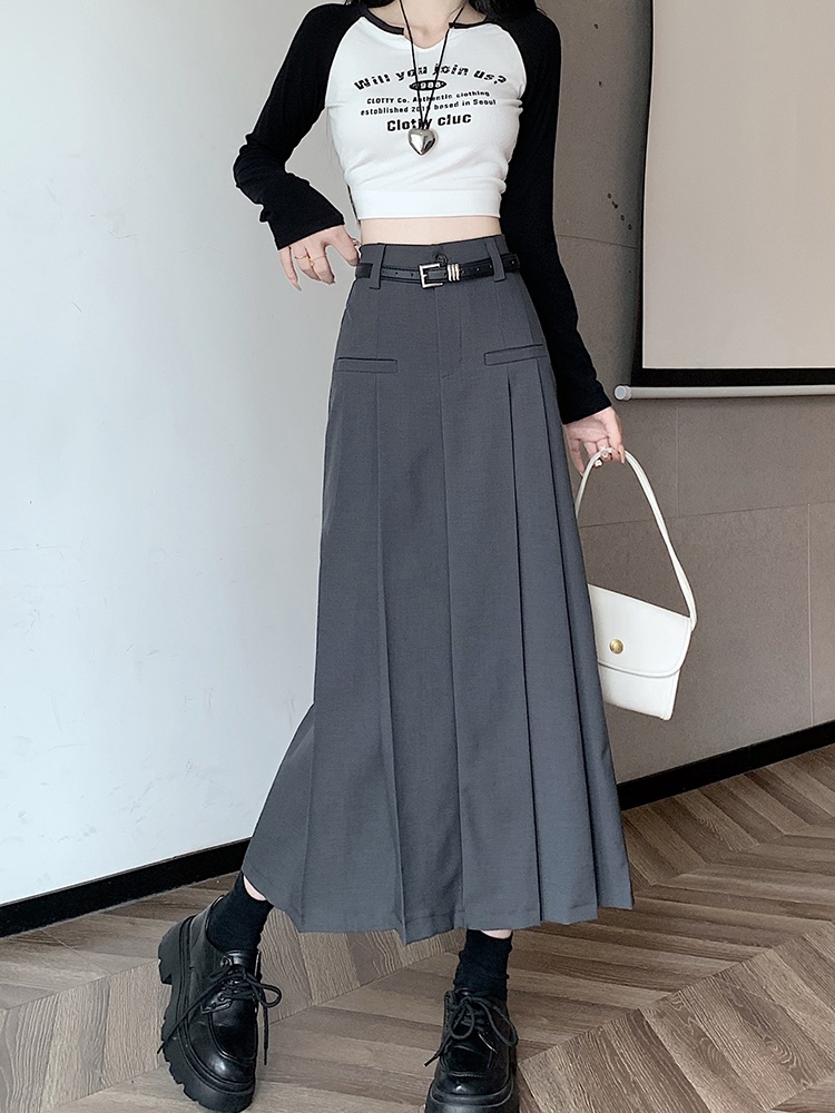 Pleated gray skirt high waist autumn and winter long dress