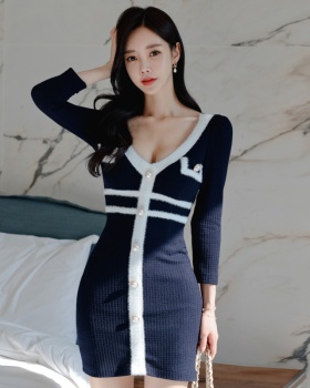 V-neck high elastic slim pinched waist splice dress