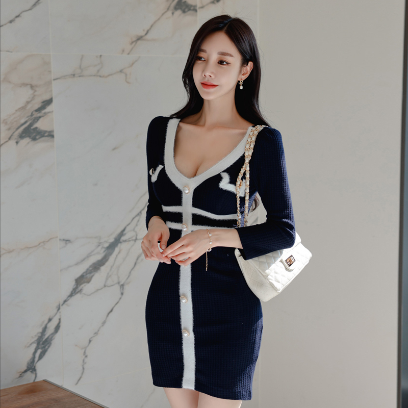 V-neck high elastic slim pinched waist splice dress