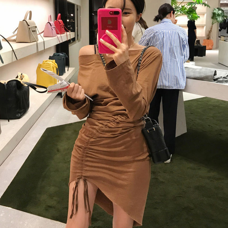 Large collar sexy strapless slim Korean style dress