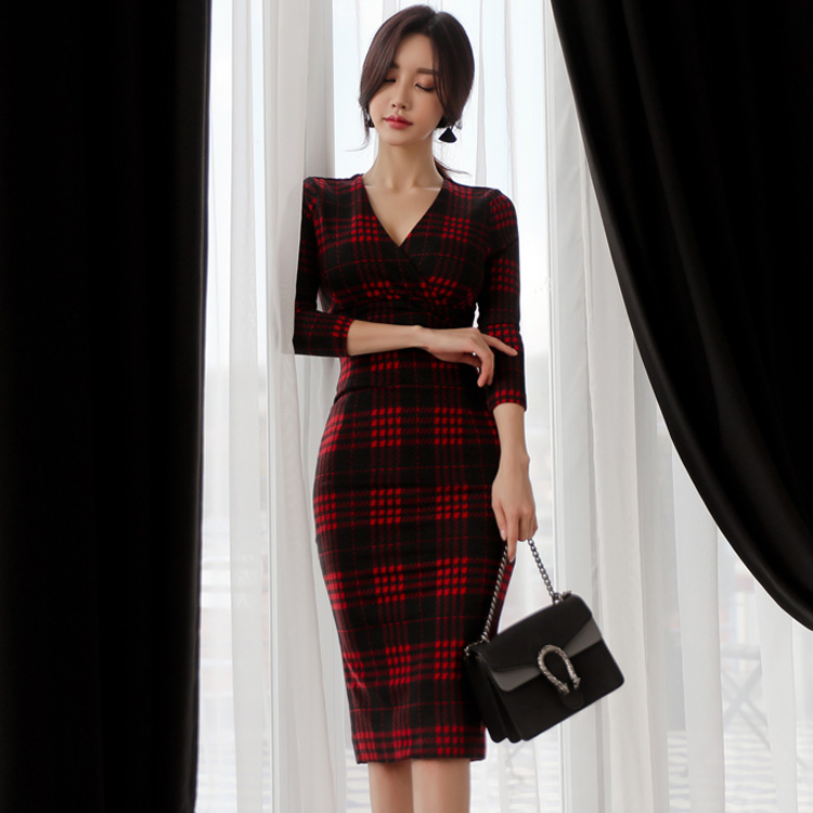 Bottoming package hip slim spring and summer plaid dress