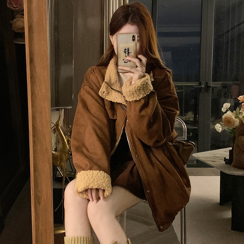 Lamb fur leather coat loose thick coat for women