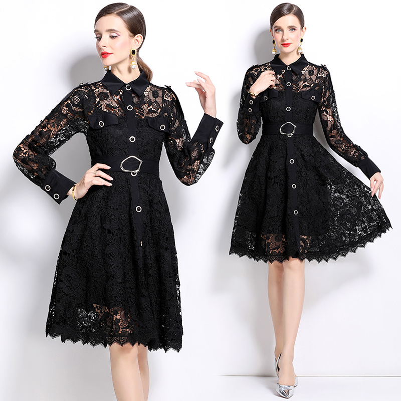 France style hollow lapel autumn temperament dress