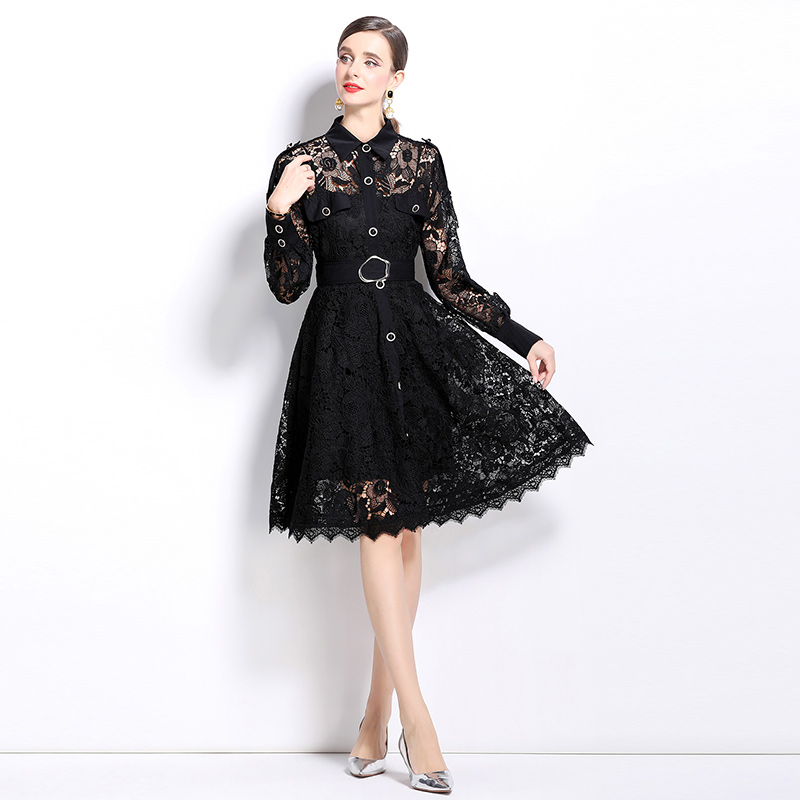 France style hollow lapel autumn temperament dress