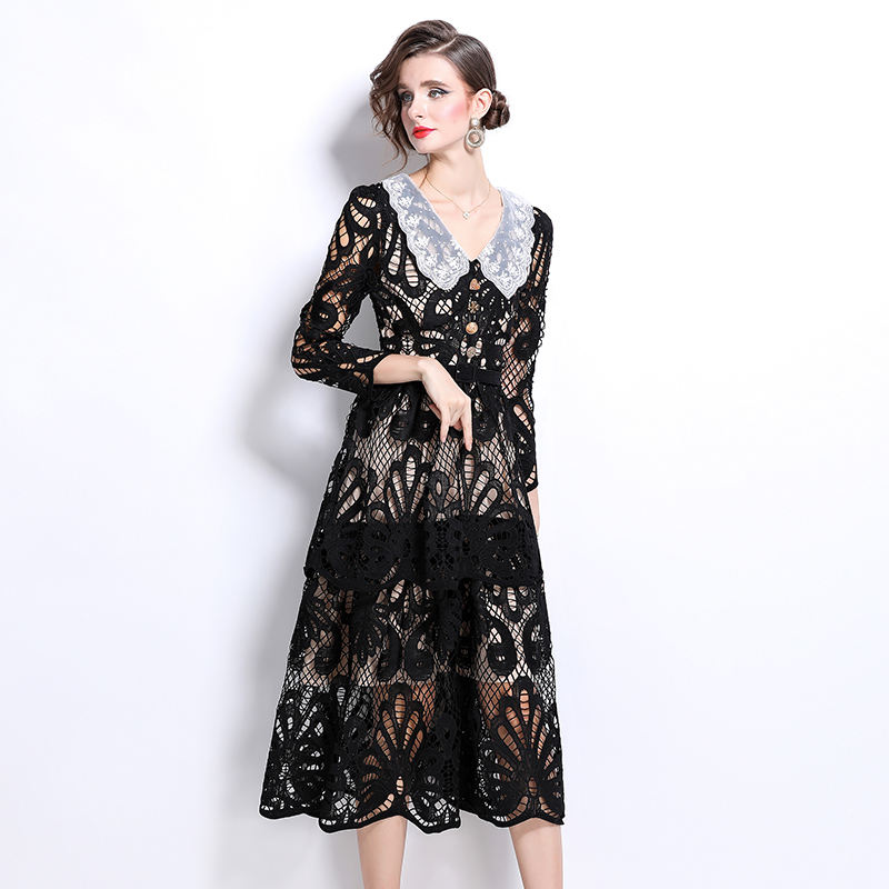 Embroidered France style long dress slim dress