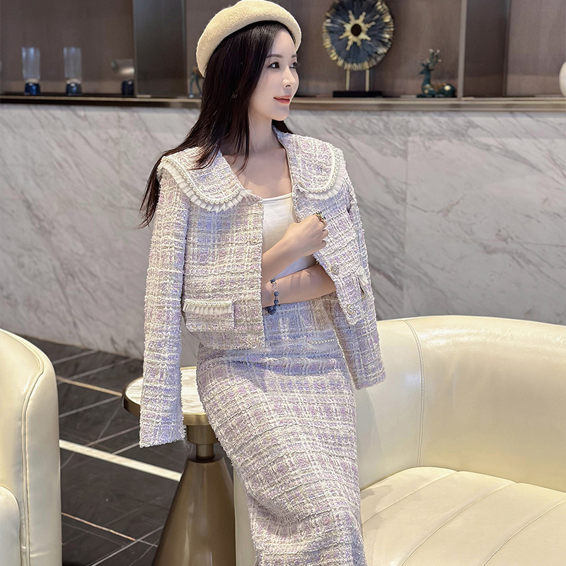 Autumn and winter elegant skirt lapel jacket 2pcs set