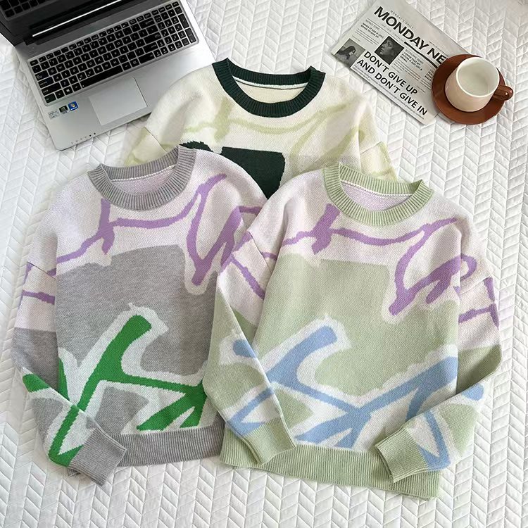 Knitted mixed colors jacquard sweater 2pcs set for women