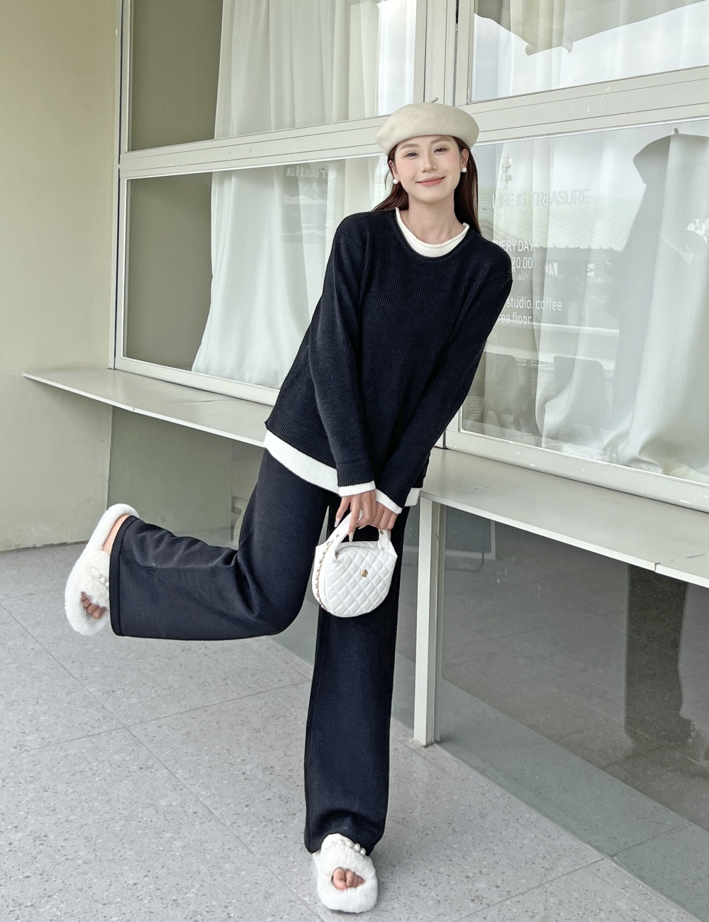 Korean style sweater loose wide leg pants 2pcs set