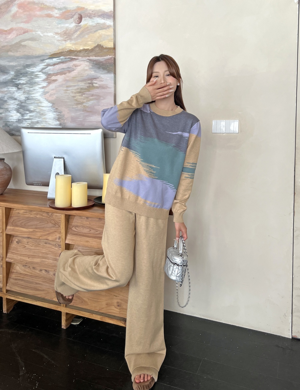 Autumn and winter loose wide leg pants 2pcs set